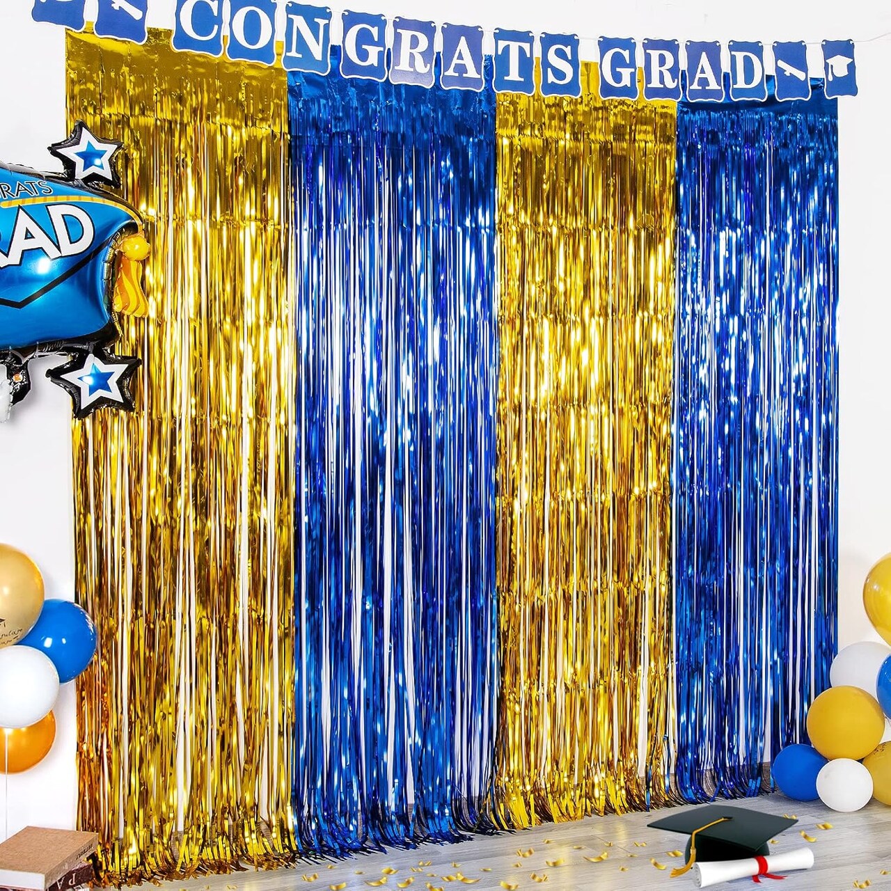 2-Pack Blue & Gold Foil Fringe Curtains 3.3x6.6ft Graduation Party Backdrop Decorations